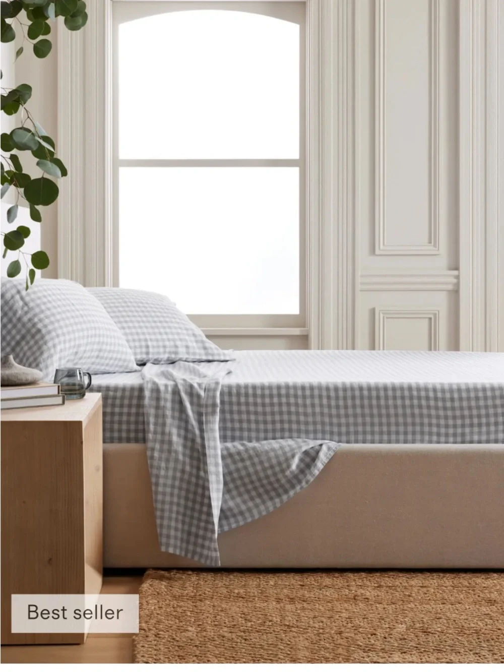 Quince European Linen Gingham Queen Sheet Set Blue Fog